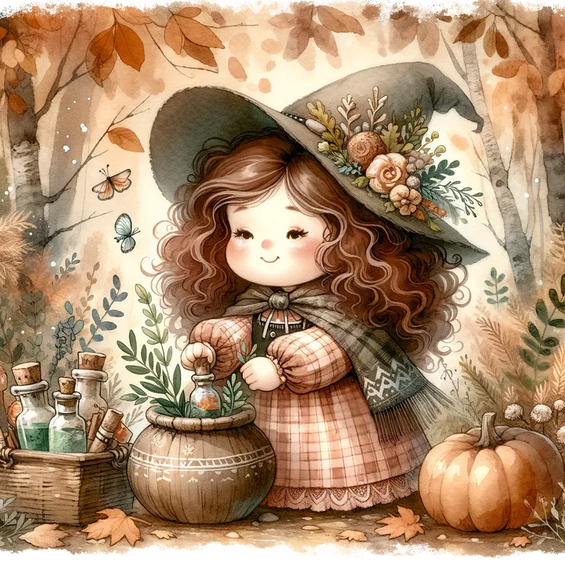 Autumn Witch Gathering Ingredients - A delightful chubby witch with curly brown hair in an autumn forest gathering magical ingredients. The watercolor painting features warm, earthy tones and the soft, dreamy textures typical of watercolor art. - AI image generated with Art