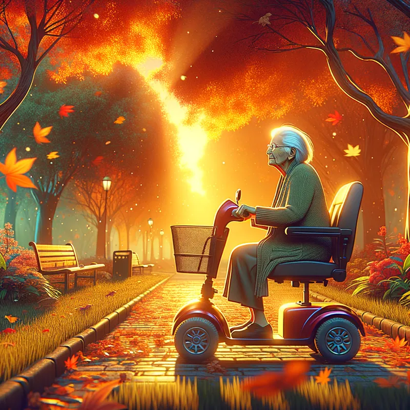Autumn's Companion - A poignant scene of an old woman on a traditional Motability scooter, moving through a park ablaze with autumn colors, as leaves fall around her and the golden hour light creates a tranquil aura. - cartoony