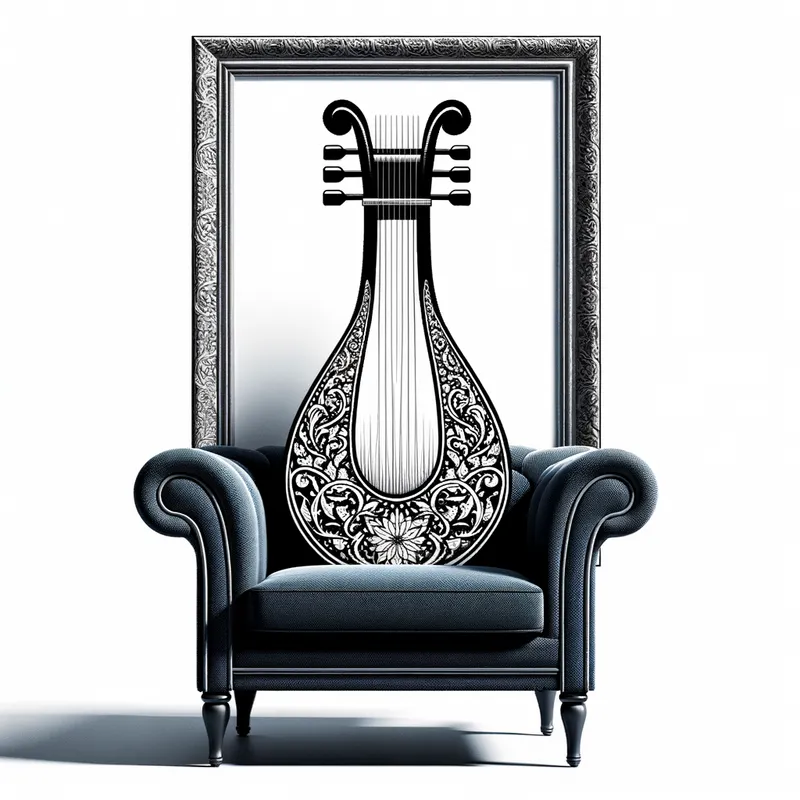 Azure Echoes - Illustrate a traditional long baglama with intricate patterns, the strings reflecting a faint blue hue. It stands poised on the seat of an elegant black chair, set against a stark white background. - AI image generated with Art