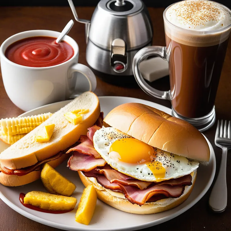 BREAKFAST AT THE DINER - create a side view of a new york style bacon, egg and cheese on a hard roll with ketchup, salt and pepper, with a large mug of coffee with frothing on top next to it on a small diner table; include the words RISE AND SHINE ITS COFFEE TIME in a bold font - AI image generated with Photorealistic
