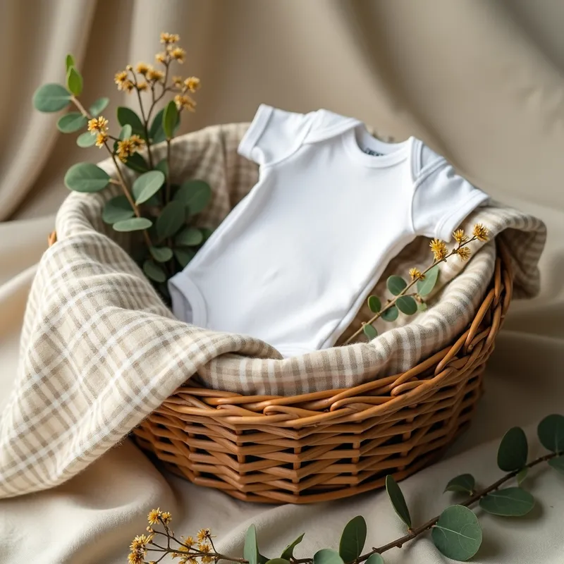 Baby Announcement Basket - A rustic wooden basket as the centerpiece, lined with a soft, neutral-toned beige-and-white checkered blanket. Inside the basket lies a small, neatly folded white baby bodysuit, symbolizing a tender baby announcement. Around the basket, arrange fresh eucalyptus sprigs and muted dried statice flowers to evoke a natural, boho vibe. Use soft, diffused natural lighting with warm tones to create an inviting and cozy atmosphere. Keep the background minimal and slightly blurred with creamy textures, ensuring the focus remains on the basket and its charming details. Emphasize soft shadows and realistic textures for a dreamy, warm aesthetic. - AI image generated with Photorealistic 2