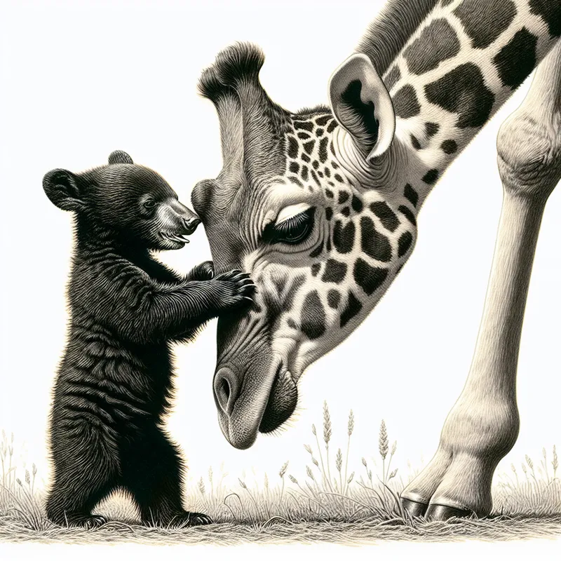 Baby Black Bear Touches Giraffe's Nose - create a realistic image of a baby black bear standing with his hands on the nose of a bent over giraffe - AI image generated with DALL-E 3