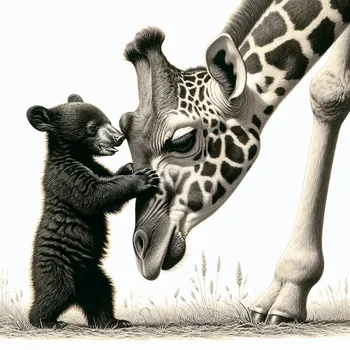 Baby Black Bear Touches Giraffe's Nose