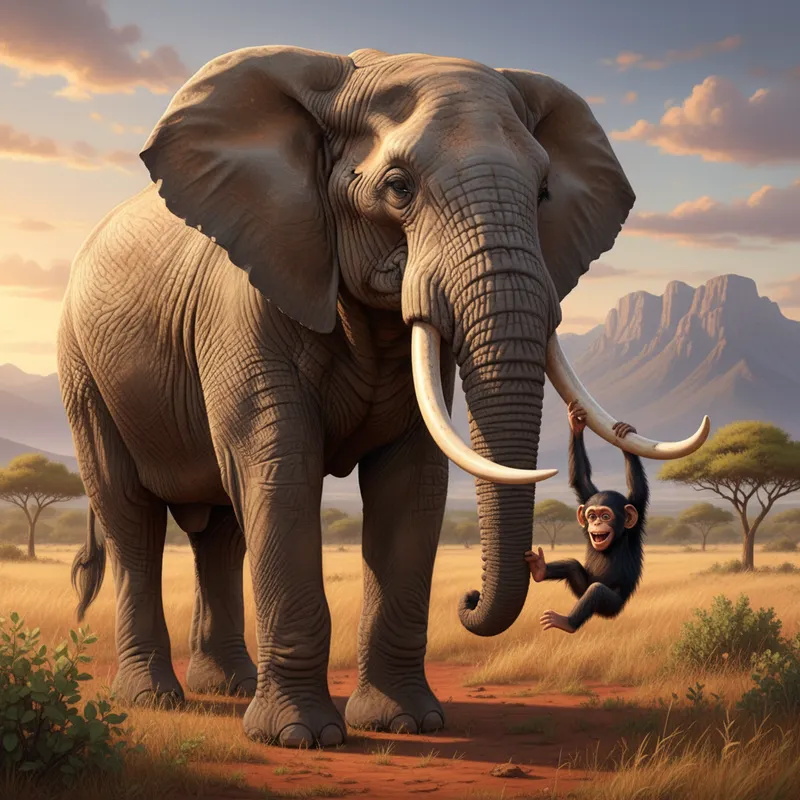Baby Chimp Swinging from Elephant Tusks - create a realistic image of a cute baby chimpanzee swinging from the horns of a large, magestic looking elephant
- AI image generated with Nano Banana