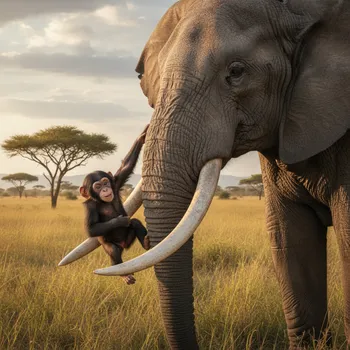 Baby Chimp Swinging from Elephant Tusks