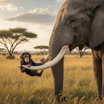 Baby Chimp Swinging from Elephant Tusks