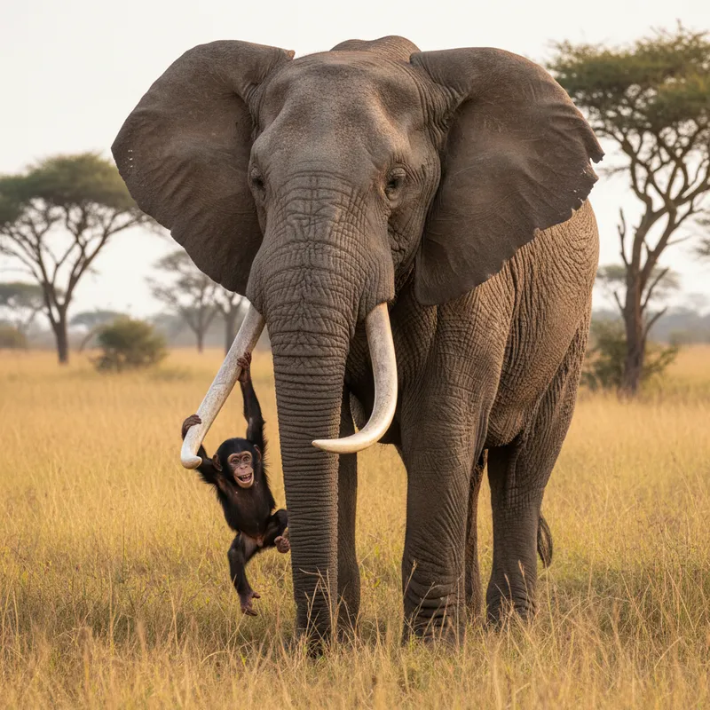 Baby Chimp Swinging from Elephant Tusks - create a realistic image of a cute baby chimpanzee swinging from the horns of a large, magestic looking elephant
 - AI image generated with Nano Banana