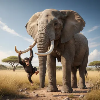 Baby Chimp Swinging from Elephant Tusks