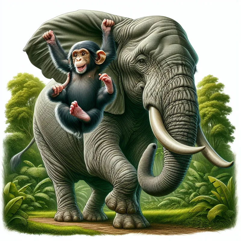 Baby Chimp Swinging on Elephant Tusks - create a realistic image of a cute baby chimpanzee swinging from the horns of a large, magestic looking elephant - AI image generated with DALL-E 3