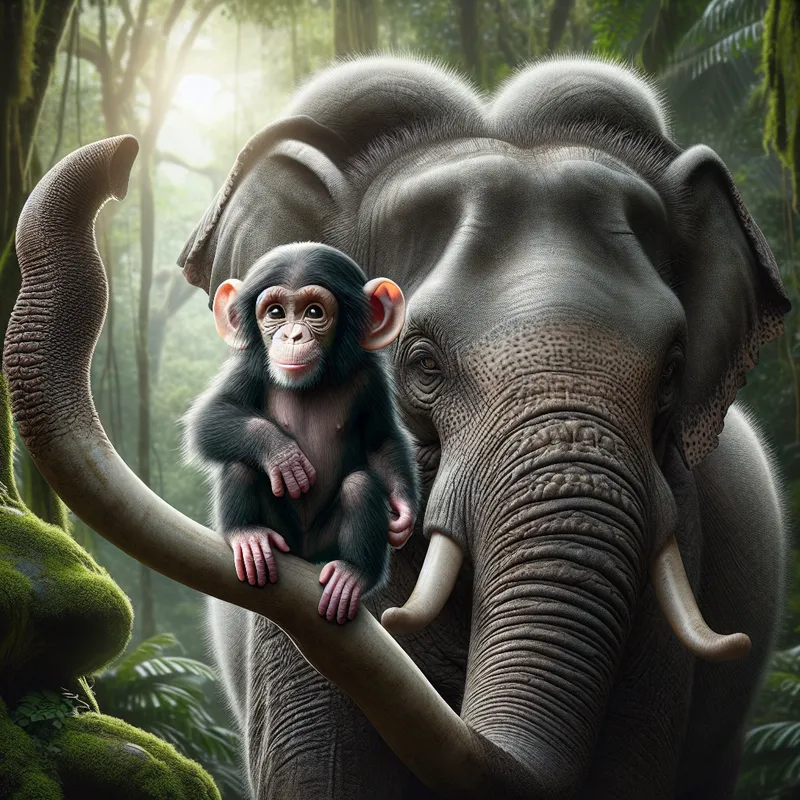 Baby Chimp Swinging on Elephant Tusks - create a realistic image of a cute baby chimpanzee swinging from the horns of a large, magestic looking elephant - AI image generated with DALL-E 3