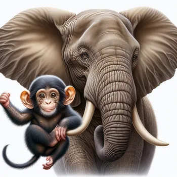 Baby Chimp Swinging on Elephant Tusks