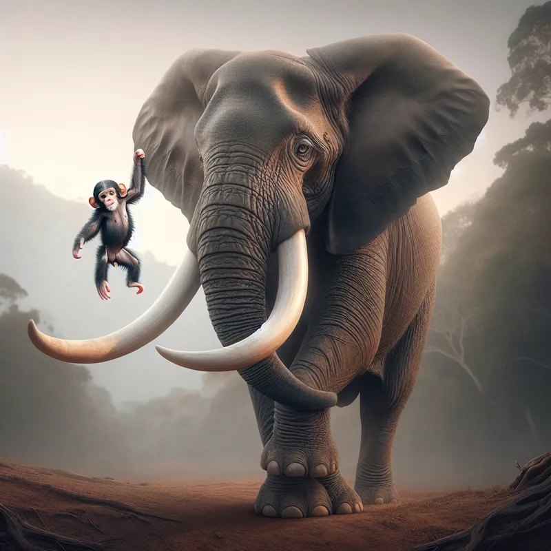Baby Chimp Swinging on Elephant Tusks - create a realistic image of a cute baby chimpanzee swinging from the horns of a large, magestic looking elephant - AI image generated with DALL-E 3