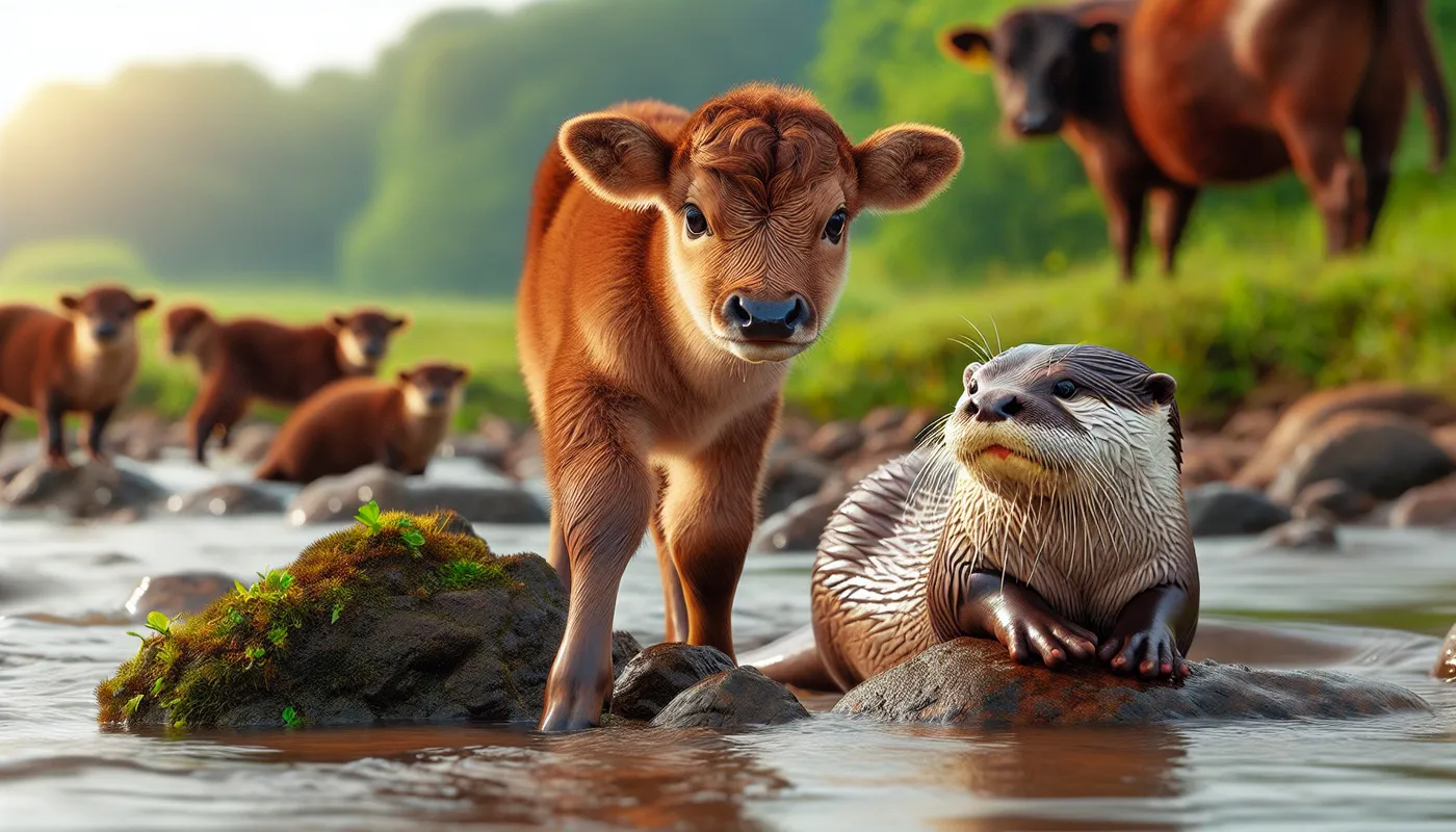 Baby Cow Meets Mama Otter - generate a realistic, cute meeting between a baby cow and a momma otter  - AI image generated with DALL-E 3