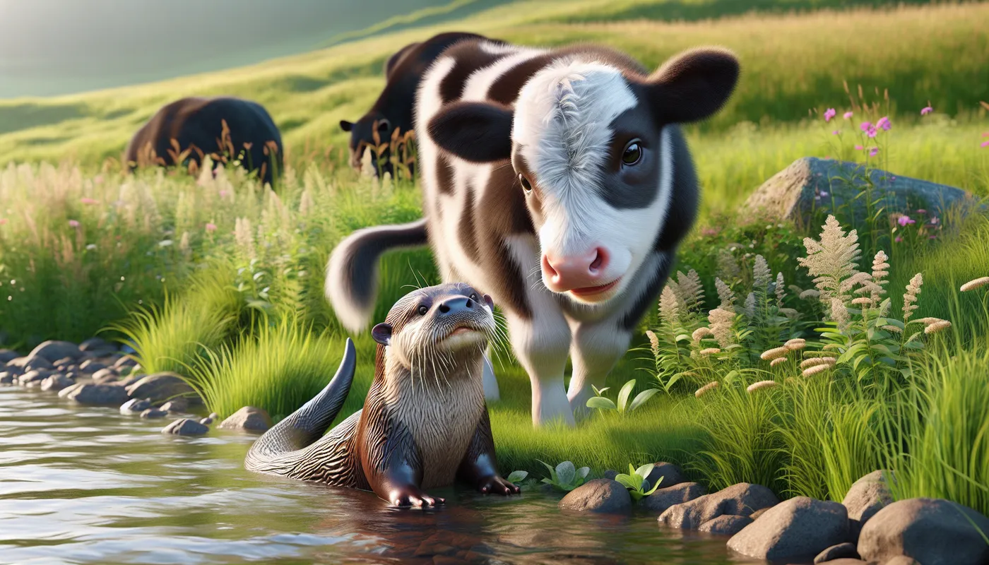 Baby Cow Meets Mama Otter - generate a realistic, cute meeting between a baby cow and a momma otter  - AI image generated with DALL-E 3