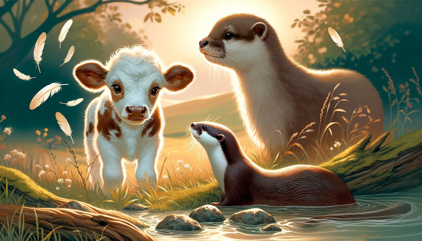 Baby Cow Meets Mama Otter - generate a realistic, cute meeting between a baby cow and a momma otter - AI image generated with DALL-E 3