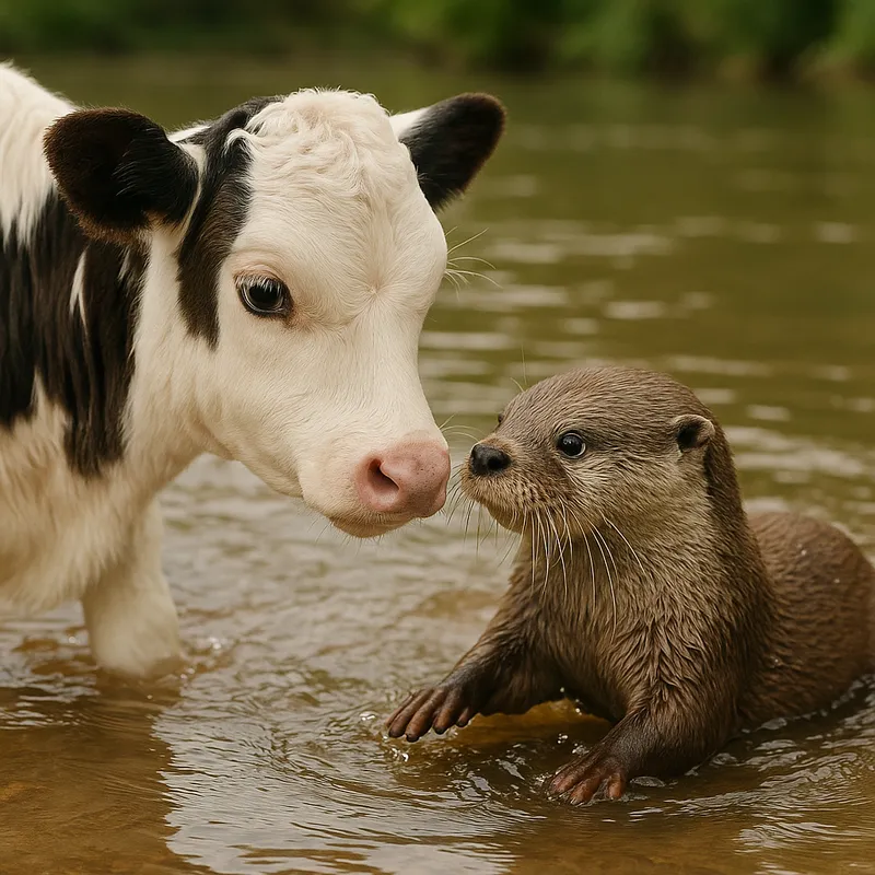 Baby Cow and Otter Playing in Water - make a cute but realistic image of a baby cow and an otter playing in the water - AI image generated with GPT Image