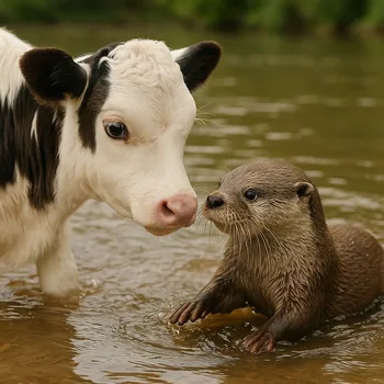 Baby Cow and Otter Playing in Water