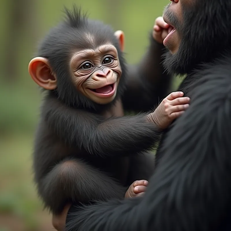 Baby Gorilla Swinging in Father's Hand - create a realistic image of a cute, happy baby gorilla being swung in his dads hand - AI image generated with Photorealistic 2