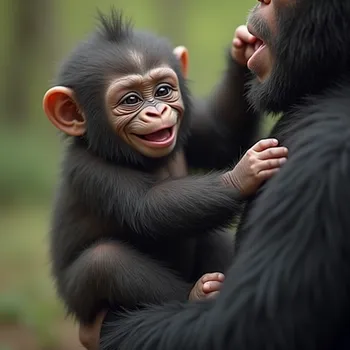 Baby Gorilla Swinging in Father's Hand