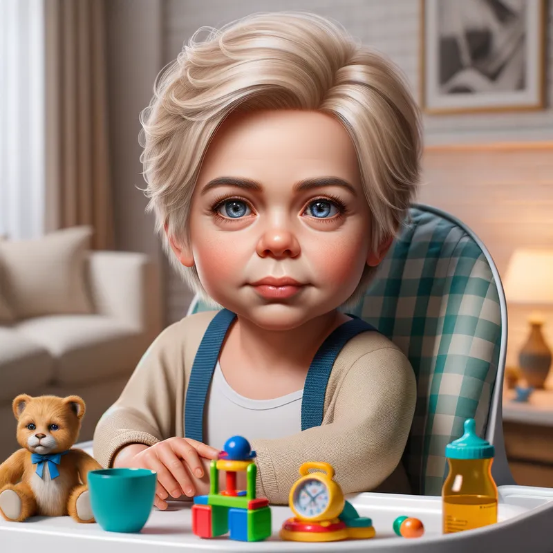 Baby Prodigy Jake Paul - A charming scene of baby Jake Paul with his adult face, sitting in a high chair with toys scattered around him. - AI image generated with Art
