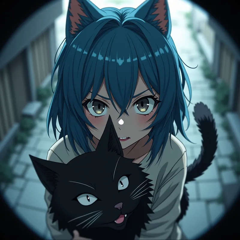 Badass Cateye - Captured through a fish eye lens, a creepy anime girl with medium length blue hair in a wolf cut stands by a black cat. Her heterochromatic eyes, one grey and one black, add to her intimidating and badass aura. - AI image generated with Photorealistic 2 - minimalist line art, fish eye, dark tones