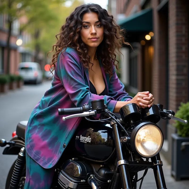 Badass Elizabeth - A portrait of Elizabeth E in a dark tie-dye outfit, leaning on her motorcycle. The image reflects her vibrant personality, her love for recovery, and her knack for seeing the badass in everything. - AI image generated with Photorealistic 2