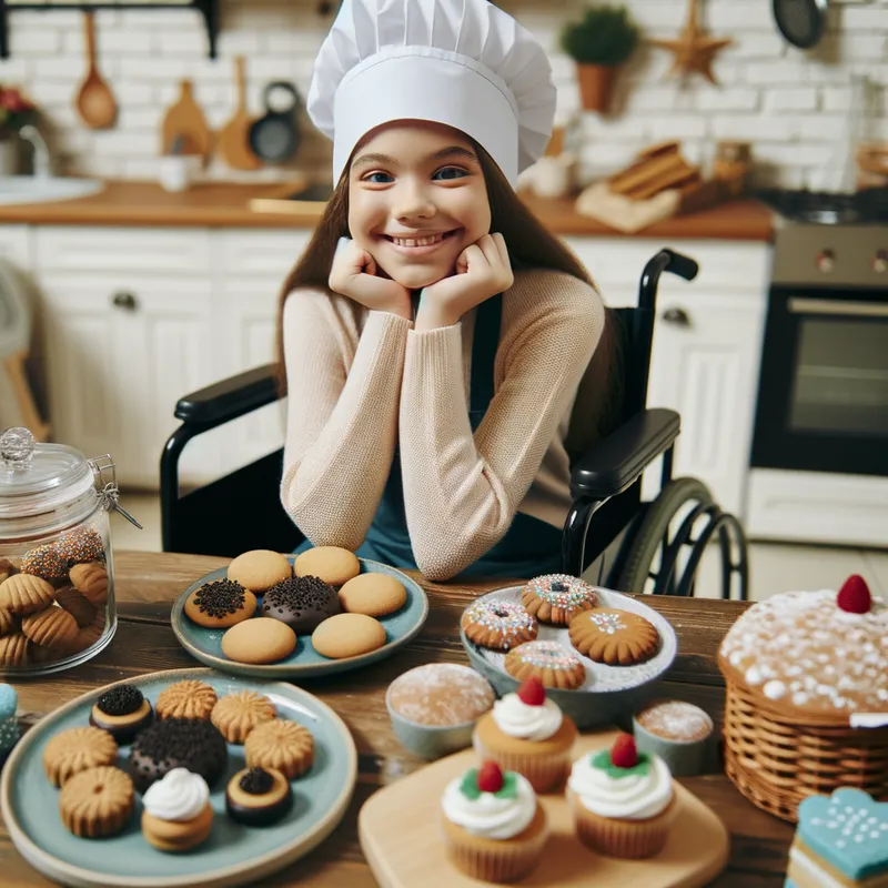 Baking Joy - A cheerful girl in a wheelchair, proudly wearing a chef's hat and apron, surrounded by freshly baked cookies and cakes in a cozy kitchen. - AI image generated with Art