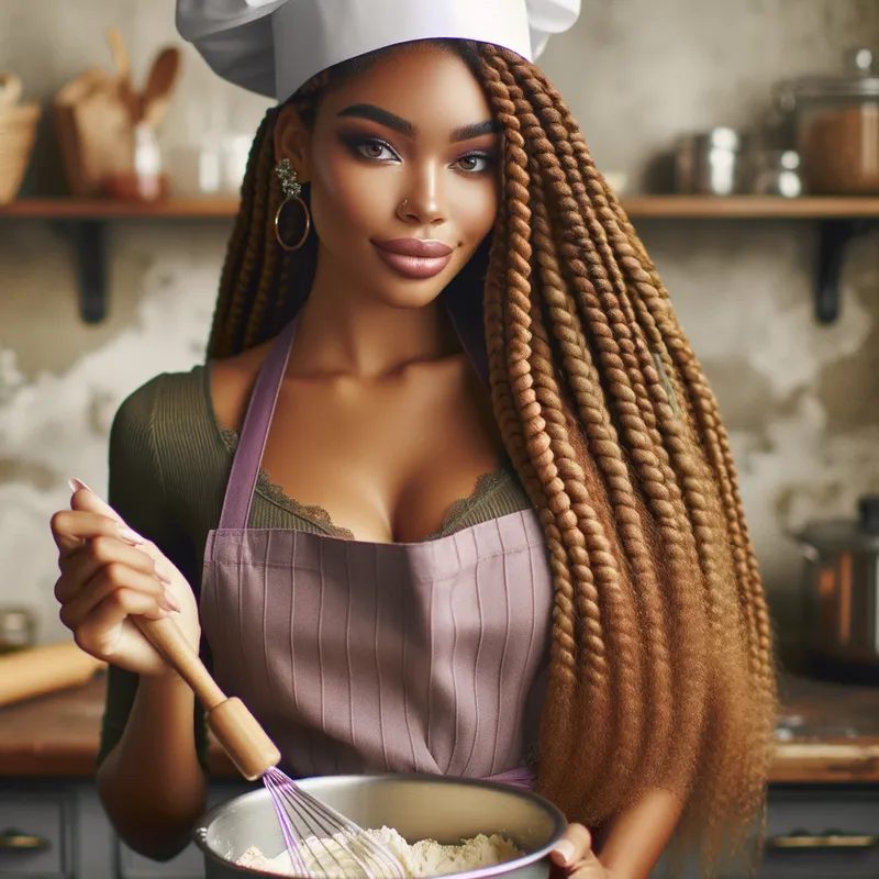 Baking with Style - A confident lightskin black woman with beautiful long braids, donned in a classic chef's hat and a chic purple apron, stirring cake dough amidst a warm, inviting kitchen setting. - AI image generated with Art
