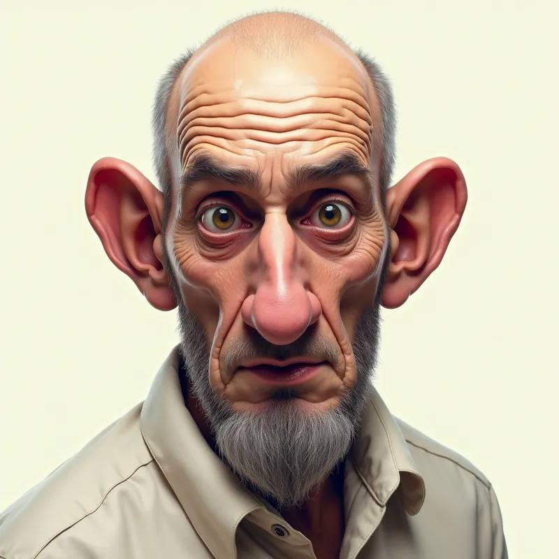 Bald Man with a Big Nose - A detailed portrait of a bald man with a distinctly large nose. His face is expressive, with deep lines indicating wisdom and experience. The background is simple, ensuring all focus is on the unique features of his face. - AI image generated with Photorealistic 2