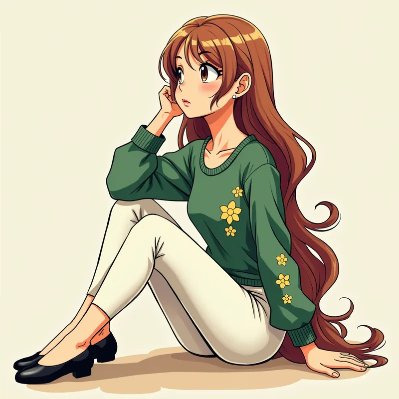 Ballerina Daydream - A digital art piece in anime style of a daydreaming ballerina with long silk hair, wearing a green sweater with yellow flower patterns, white pants, and black ballerina pointe shoes, sitting thoughtfully on the floor. - AI image generated with Photorealistic 2 - cartoony, colorful, alcohol ink