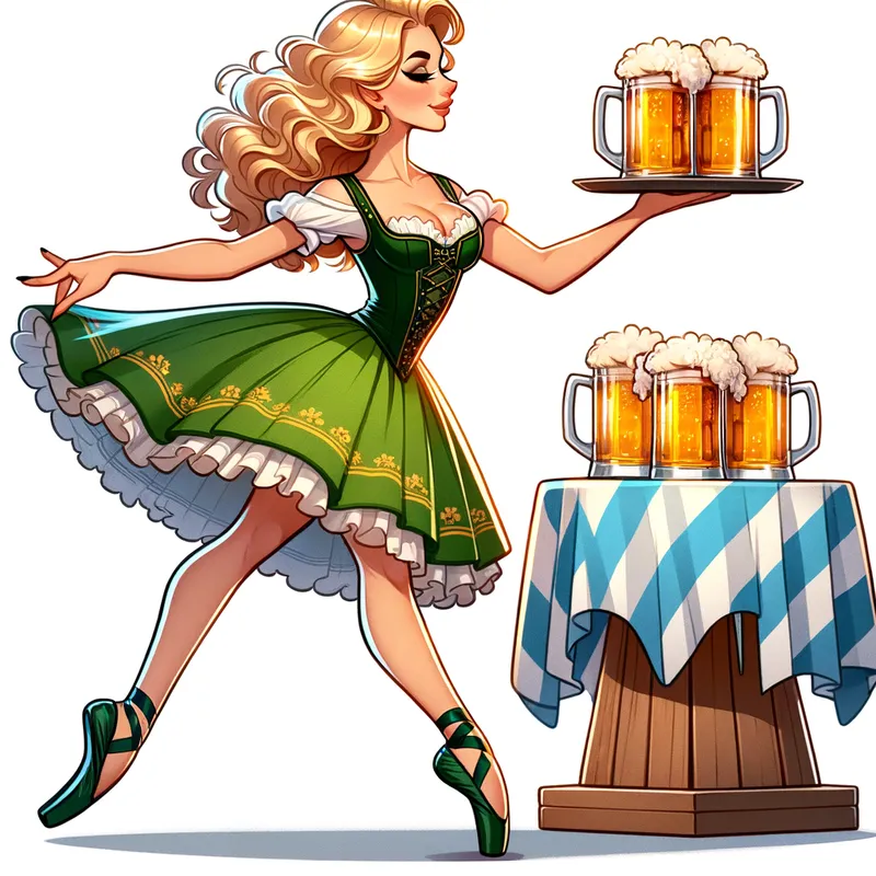 Ballerina Oktoberfest - A beautiful ballerina with pretty blonde curly hair wearing a green Oktoberfest dirndl skirt and black ballet pointe shoes, gracefully serving beer in big mugs to guests while walking en pointe to a table. Digital art illustration. - AI image generated with Art - alcohol ink, cartoony, colorful