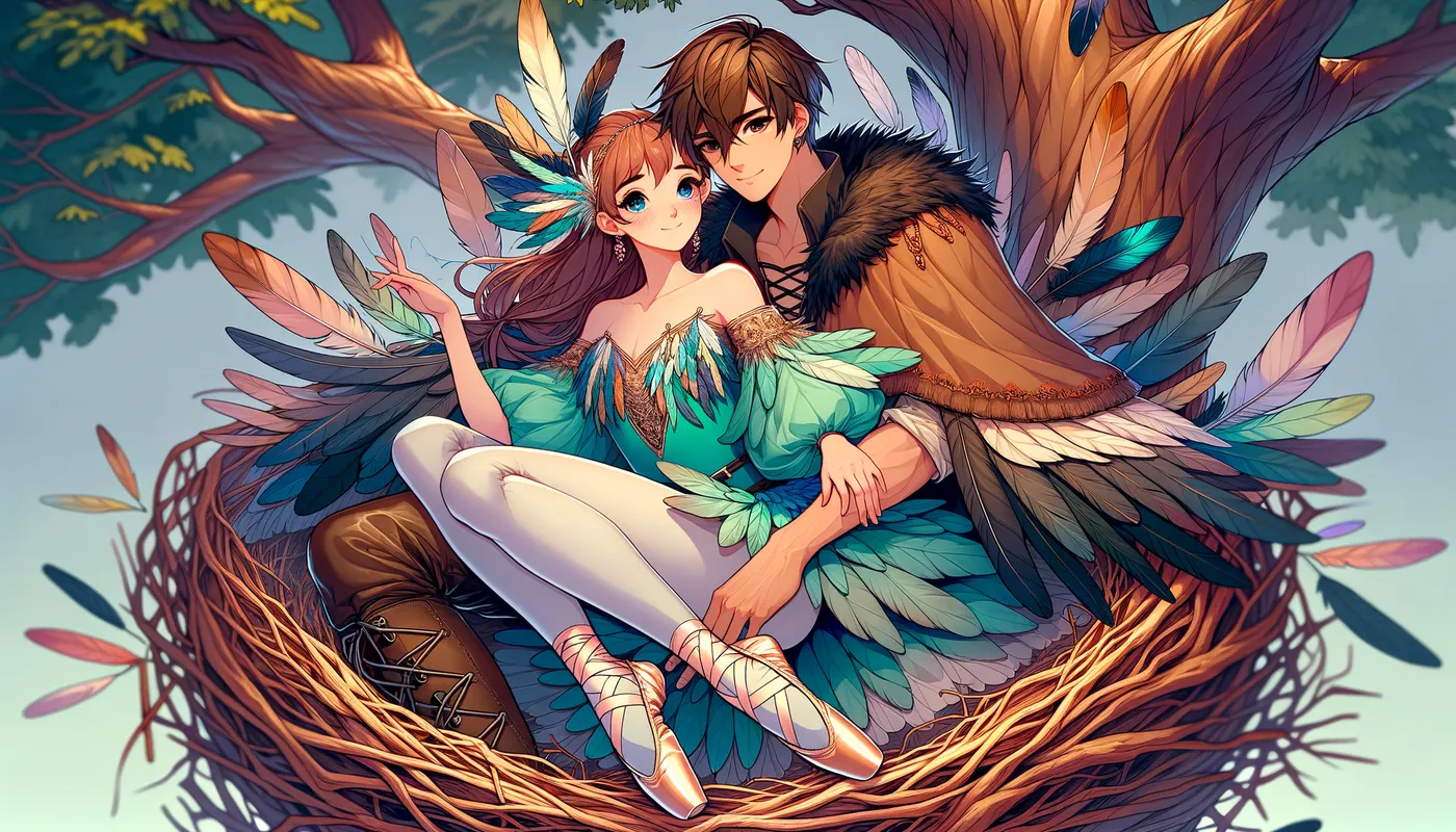 Ballerina in a Nest - A beautiful anime ballerina wearing a turquoise blouse with feathers, beige leather jeans, and black ballet pointe shoes, sitting in a nest high in a tree. A handsome muscular man wearing a brown poncho decorated with feathers is cuddling her from behind, providing warmth. Digital art, anime, illustration. - AI image generated with Art - cartoony, colorful