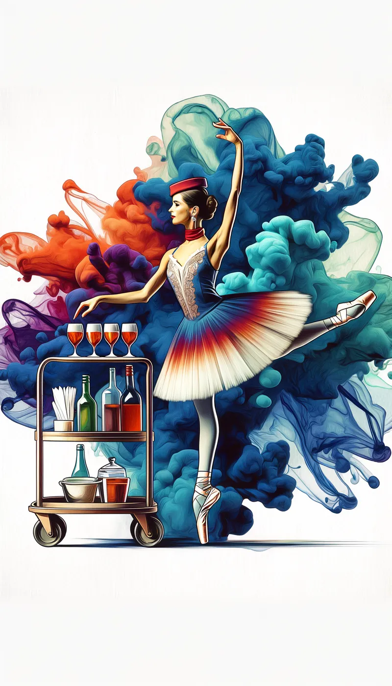 Ballerina in the Sky - Digital artwork showcasing a ballerina in airline stewardess dress, gracefully en pointe in ballet shoes while serving drinks from an aircraft cart, blending elegance and utility. - AI image generated with Art - alcohol ink, cartoony, colorful