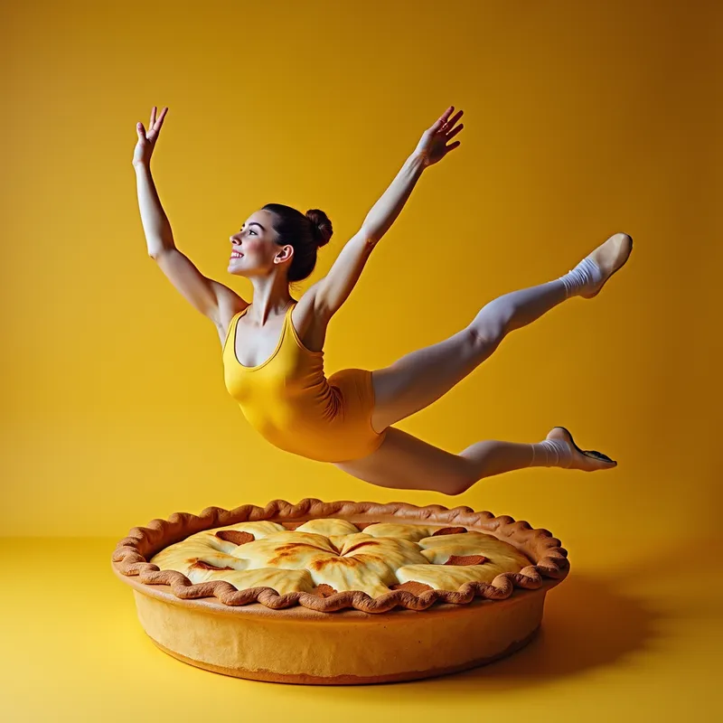 Ballerina's Pie Mishap - a beautiful ballerina wearing a yellow unitard, having fallen in a giant pie - AI image generated with Photorealistic 2