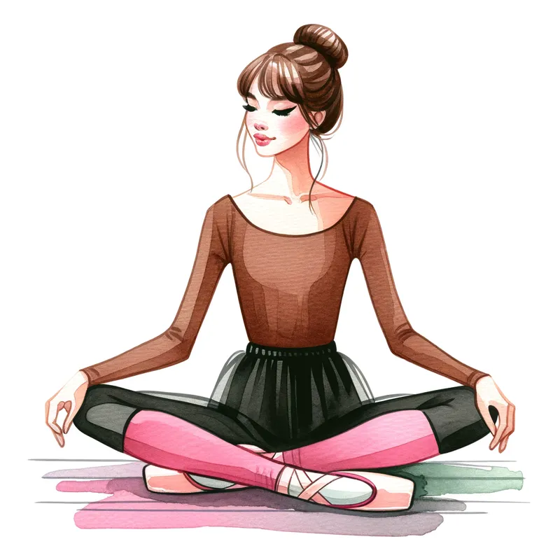 Ballet Beauty - Capture the grace of a beautiful woman in brown top, black training pants, pink stockings, and black ballet pointe shoes. She sits cross-legged on the floor, exuding elegance and composure in the middle of her ballet practice. - AI image generated with Art - watercolor, cartoony, colorful