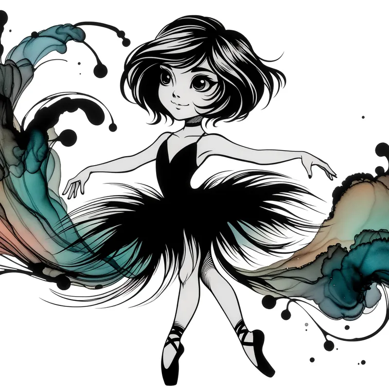 Ballet Elegance - Honoka Yukishiro from Pretty Cure wearing black ballet pointe shoes, gracefully posing in a classic ballet stance. - AI image generated with Art - alcohol ink, cartoony, colorful