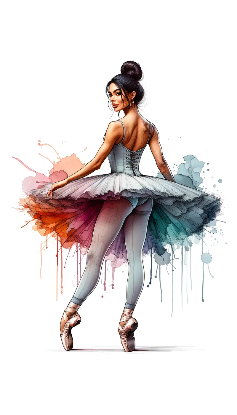 Ballet Elegance from Behind - A visually captivating digital art piece showing a lovely Latina ballerina with a nicely defined waist. She stands en pointe, wearing only a grey button-up vest and beige tight leather jeans. Her black ballet pointe shoes complete the ensemble. The view is from the rear as she looks back over her shoulder, creating a stunning and dynamic illustration. - AI image generated with Art - alcohol ink, cartoony, colorful