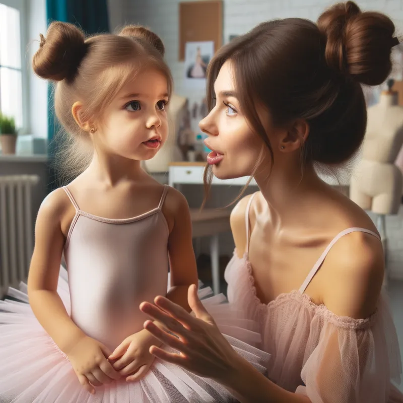 Ballet Granddaughter's Big Recital - little grandaughter with brown hair and two hair buns wearing a light pink tutu listening to ballet teacher tell her about a big recital coming up - AI image generated with Art