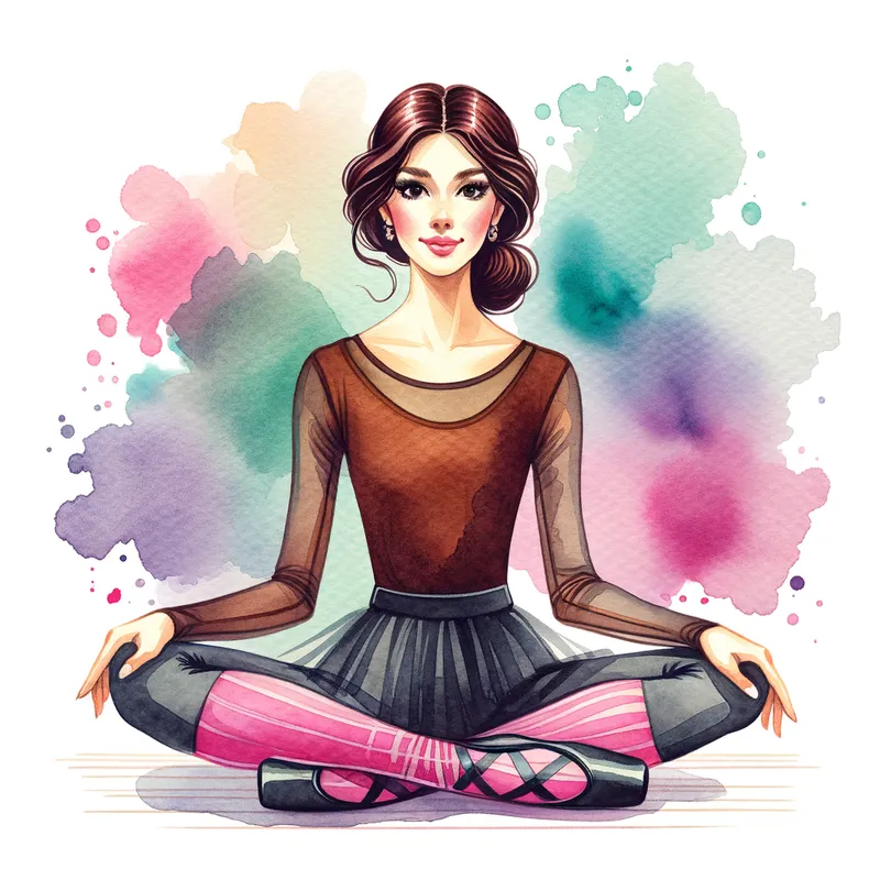 Ballet Portrait - A stunning portrait of a beautiful woman at ballet practice, wearing a brown top, black training pants, pink stockings, and black ballet pointe shoes. She sits cross-legged on the floor, posing with grace and poise for a lovely picture. - AI image generated with Art - watercolor, cartoony, colorful