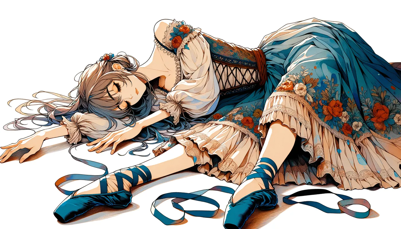Ballet's Fragility - A beautifully illustrated scene of an anime ballerina, dressed as Giselle in a vintage peasant dress, laying on the floor after tripping over a branch. Her dark blue ballet pointe shoes add a striking contrast. Stunning digital art, showcasing detailed anime style. - AI image generated with Art - alcohol ink, cartoony, colorful