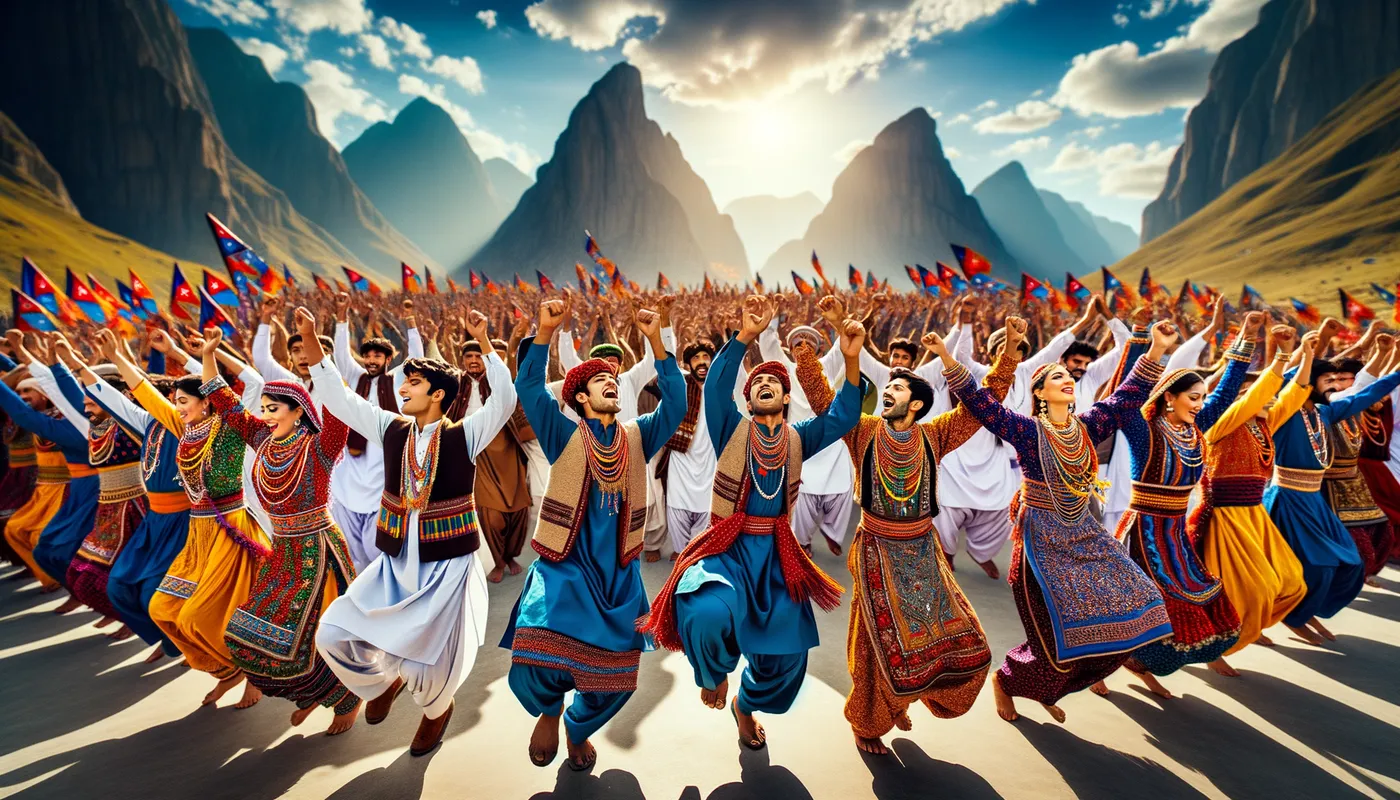 Baloch Tribal Celebration - An image of a vibrant Baloch cultural celebration, featuring individuals in traditional dress dancing or engaged in other festivities set against a mountainous backdrop. - AI image generated with Art