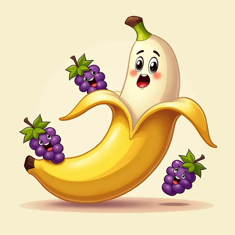Banana Slip-Up - A cartoon-style banana slipping on its own peel with a surprised face, surrounded by giggling grapes, all with playful, humorous features. - AI image generated with Photorealistic 2