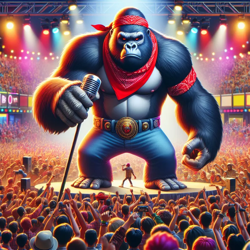 Bandana Beats - An energetic scene of a gorilla in a red bandana, dominating the stage with a mic, while a huge audience pulses with excitement and applause. - AI image generated with Art