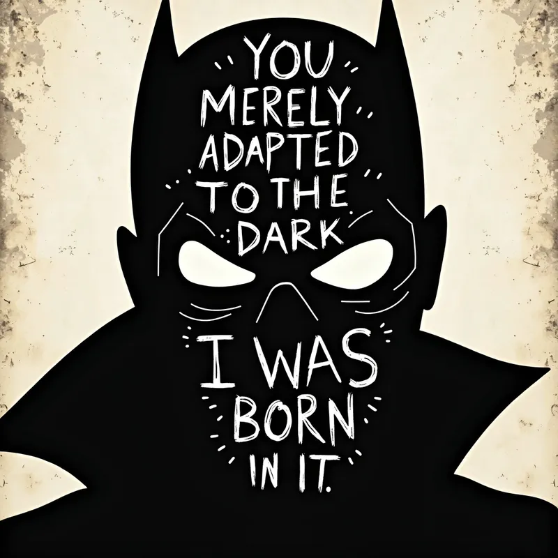 Bane's Mask and Words - An artistic representation featuring a black silhouette of Bane's mask from The Dark Knight. The intense quote 'You merely adapted to the dark; I was born in it' is incorporated into the design, following the contours of the mask. - AI image generated with Photorealistic 2