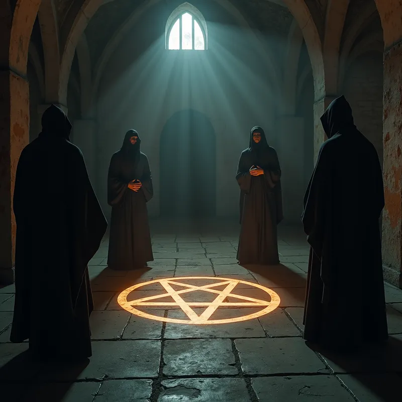 Banishment Ritual - A secretive, shadow-filled room where robed figures perform an arcane ritual around a glowing pentagram on the floor. - AI image generated with Photorealistic 2