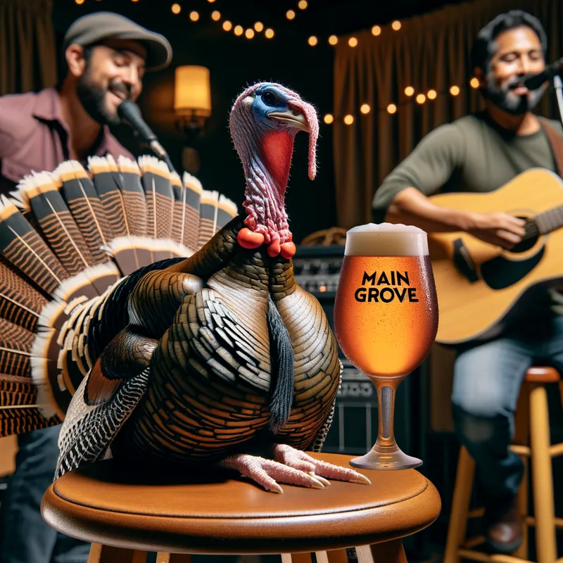 Bar Tunes and Brew - A spirited Thanksgiving turkey seated at a bar, drinking an ice-cold beer with 'MAIN GROVE' inscribed on the glass. The turkey enjoys the music as two men play guitar on a stage in the background. - AI image generated with Art