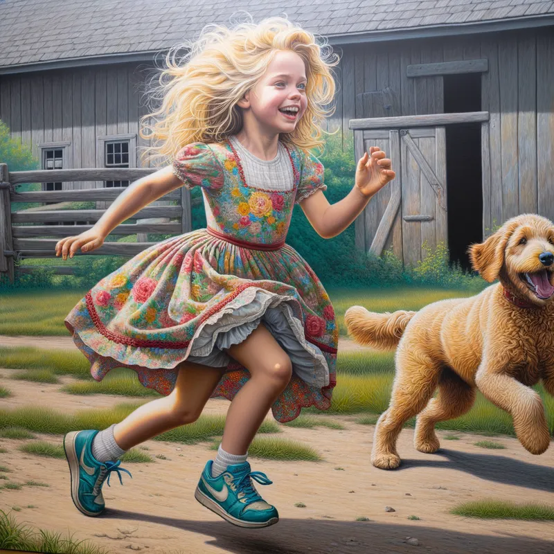 Barnyard Bliss - A highly detailed and vibrant airbrushed painting of a young blonde girl with messy, wavy hair, wearing a high-waisted floral dress with a ruffle at the bottom. She is barefoot and playing in a mud puddle in front of a barn. A Golden Doodle dog is joyously playing in the puddle with her, depicting a moment of unrestrained childhood happiness. - AI image generated with Art - vivid colors, oil art, high dynamic range