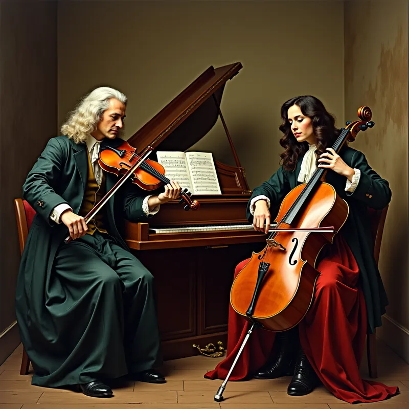 Baroque Symphony - Create a piece of music inspired by Bach, featuring a harpsichord, violin, and cello. The composition should embody the intricate counterpoint and harmonic richness characteristic of the Baroque period.