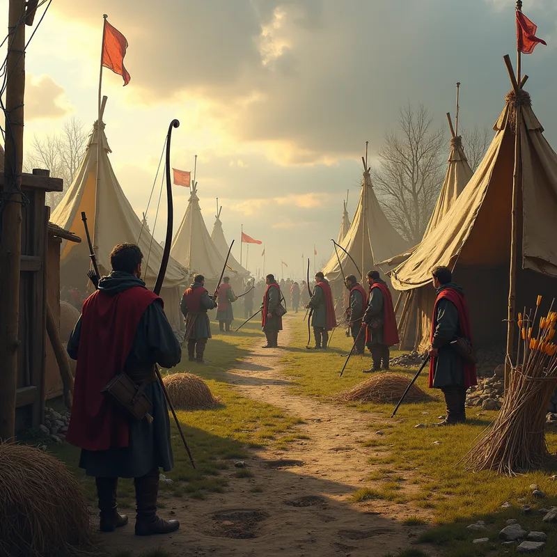Barracks at Dawn - A small medieval barracks camp at the break of dawn, where poor conscription peasants, most carrying bows, gather for training. The scene is filled with rustic, makeshift tents and rough wooden structures. Archery training equipment, including targets, straw dummies, and quivers of arrows, is plentiful and scattered around the camp. - AI image generated with Photorealistic 2 - fantasy art