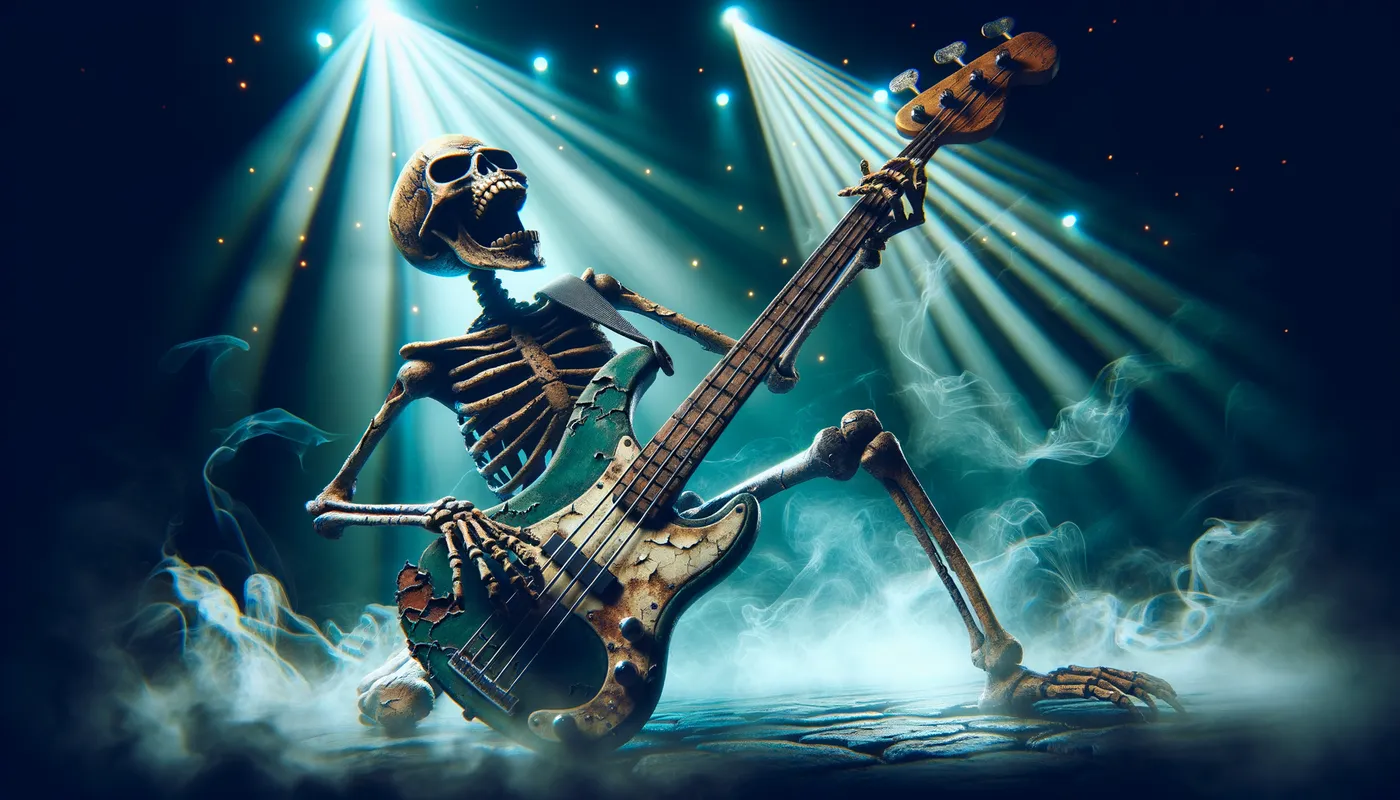 Bass Cadaver - An animated skeleton playing a fiery solo on a bass guitar with worn-out paint, on a stage covered with fog and lit by strobe lights. - AI image generated with Art